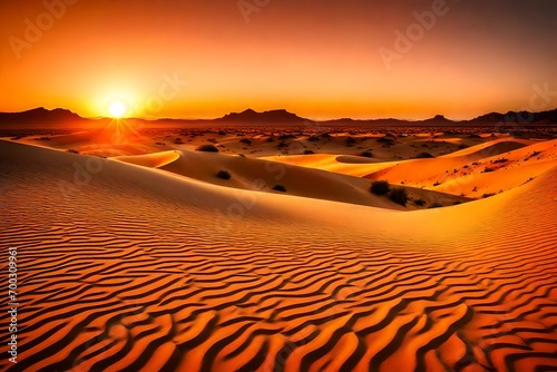 A desert landscape with towering sand dunes and a blazing orange sunset in the distance