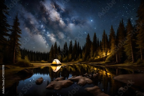 A campsite near a calm forest stream under a starry night sky, with the reflection of the stars shimmering on the water's surface photo