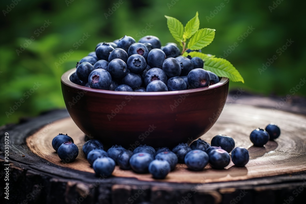 Freshly Harvested Huckleberries, Gleaming with Moisture, in a Wooden Bowl against a Natural Backdrop Freshly Harvested Huckleberries, Gleaming with Moisture, in a Wooden Bowl against a Natural Backdrop
