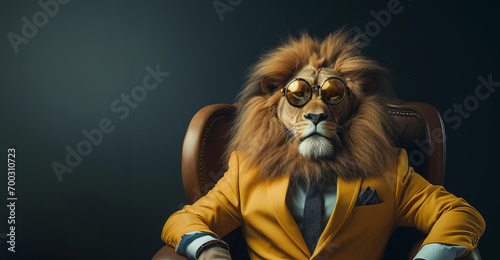 Trendy Boss animal, cool looking Leo portrait in a stylish business suit and tie sitting in the armchair on the dark background. Zodiac sign Leo, a humanoid animal posing as a Boss 