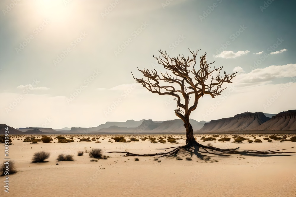 Showcase a solitary tree standing tall in a windswept desert landscape, its branches bending with the force of the wind under a blazing sun.
