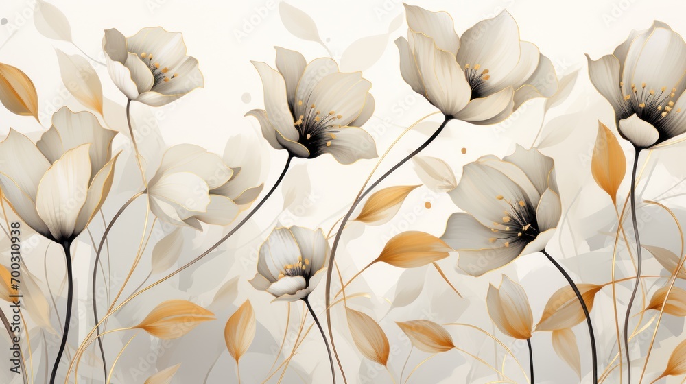  a painting of a bunch of white flowers with yellow leaves on a white background with a white wall in the background.
