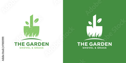 Creative The Garden Logo. Shovel Tree Leaf Logo. Spade Nature Lawn Grass Green Icon Vector Logo Design Template.