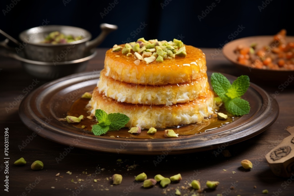 Delicious homemade Knafeh, a traditional Lebanese dessert, served on a rustic table setting Delicious homemade Knafeh, a traditional Lebanese dessert, served on a rustic table setting