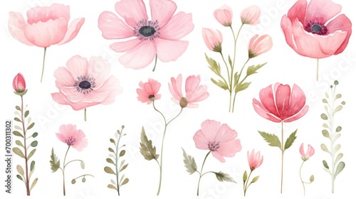  a bunch of pink flowers that are painted in watercolor and have green leaves on each side of the flowers.