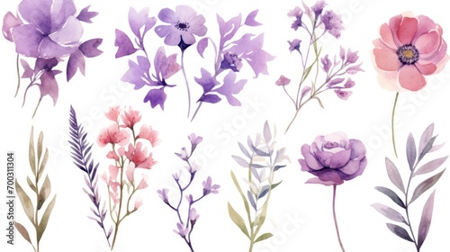  a set of watercolor flowers and leaves on a white background with a pink, purple, and red color scheme.