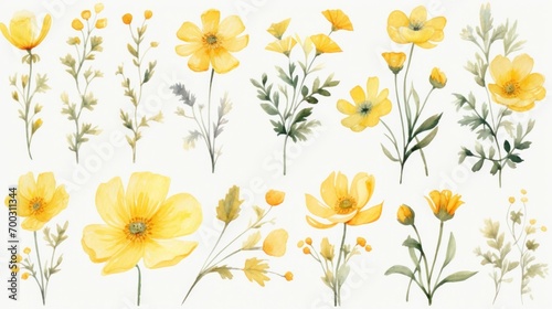 a bunch of yellow flowers painted in watercolor on a white background, each with a single stem of the same flower. #700311344
