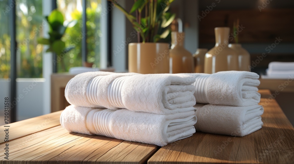 a stack of white towels sitting on top of a wooden table next to vases and a potted plant. a stack of white towels sitting on top of a wooden table next to vases and a potted plant.
