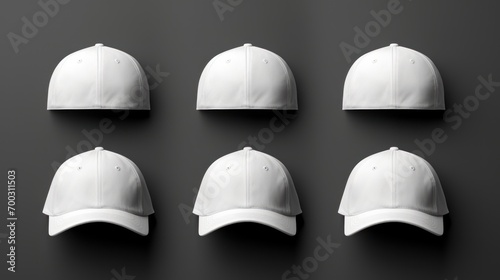  a set of six white baseball caps on a black background, all of which have a white brimmed peak.