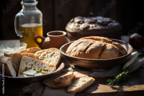 A hearty serving of Skorup, a Serbian delicacy, on a wooden table adorned with fresh produce and warm sunlight photo
