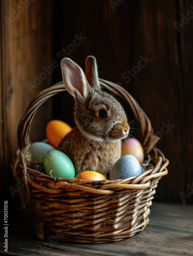 Cute Easter bunny in basket with eggs on dark background. AI generation © Ламина Акулова