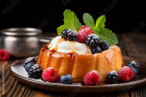 Close-up view of a traditional Rum Baba, garnished with fresh fruits and mint leaves, served in a rustic setting