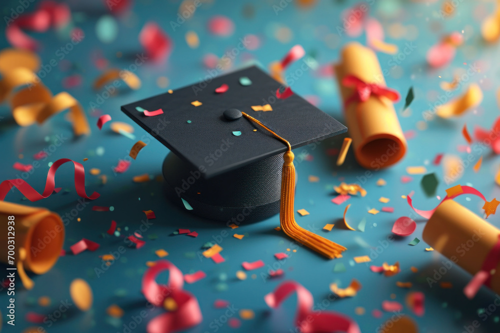 Confetti and tassels adorn a graduation cap, highlighting the excitement and vibrant atmosphere of a graduation ceremony. - obrazy, fototapety, plakaty 