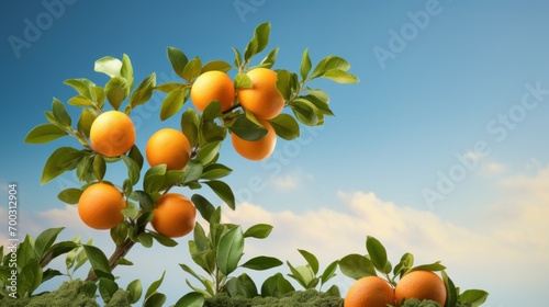  a tree filled with lots of oranges on top of a lush green leaf covered tree filled with lots of oranges.