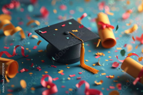 Confetti and tassels adorn a graduation cap, highlighting the excitement and vibrant atmosphere of a graduation ceremony. photo