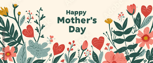 Happy mothers day background with hearts, flowers, plants, joyful, childish design, love, illustration mother's day card banner, light cream backdrop, green, red, orange, yellow, lush vegetation
