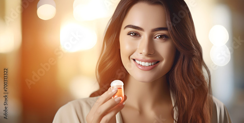 Portrait of Happy woman holding nutritional supplement capsule. Blurred background