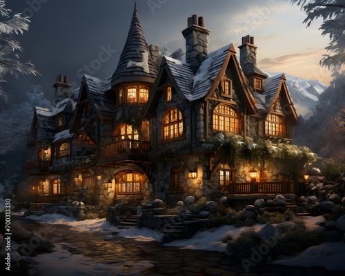 3D illustration of a beautiful wooden house in the forest at night