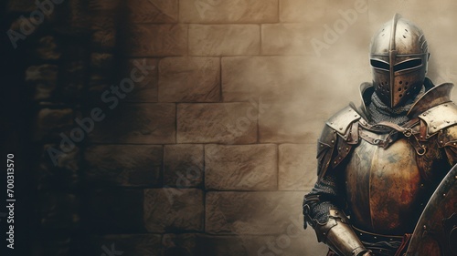 Medieval knight on historic background with lots of copy space on the right side created with Generative AI photo