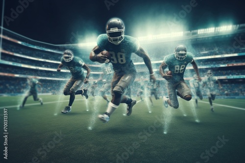 View of football players running on field from technology behind. Generative AI © David