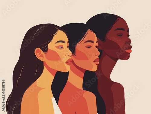 Beautiful women with different skin colors. illustration in flat style Generative AI