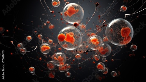  an image of a bunch of bubbles floating in the air with an orange substance in the middle of the bubbles.
