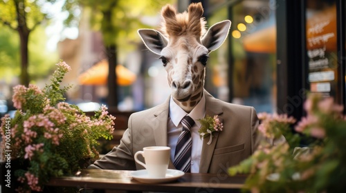 Wild giraffe drinks coffee in a cafe, Generative AI