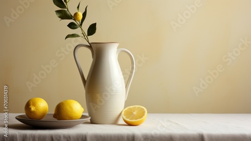  a white vase sitting on top of a table next to a plate of lemons and a bowl of lemons.