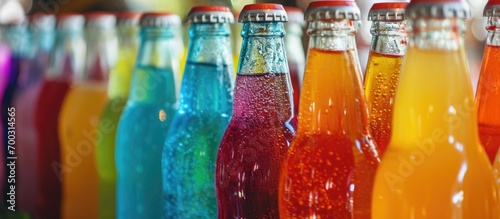 Colorful sweetened drinks in supermarket bottles.