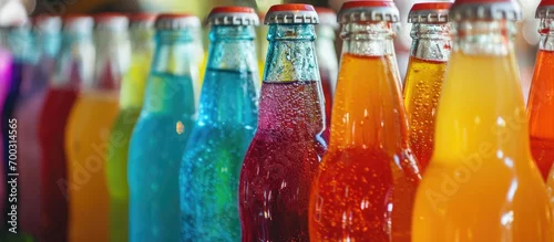 Panel kuchenny z motywem Colorful sweetened drinks in supermarket bottles.