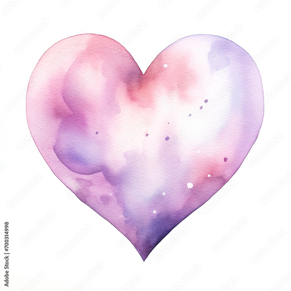 a watercolor illustration of a cute kawaii heart, in pink, lilac and cream colors, on a white background