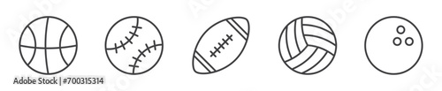 set of black line sport balls icon with editable stroke. such balls as volleyball, American football, basketball, bowling, baseball. sport collection photo