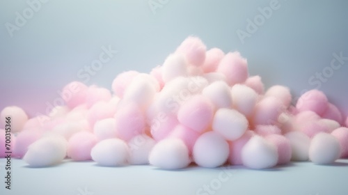  a pile of pink and white marshmallows on a light blue background with room for text or image.