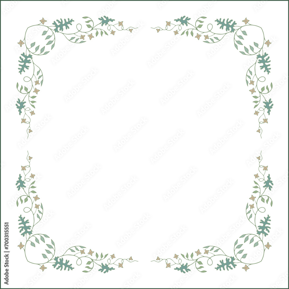 Green botanical frame with tropical leaves in jungles decorative corners for greeting cards, banners, business cards, invitations, menus. Isolated vector illustration.	