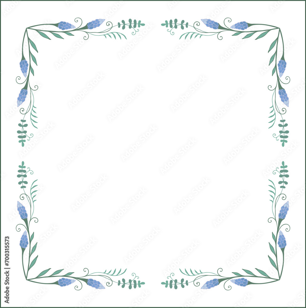 Green botanical frame with tropical leaves in jungles and blue flowers, decorative corners for greeting cards, banners, business cards, invitations, menus. Isolated vector illustration.	
