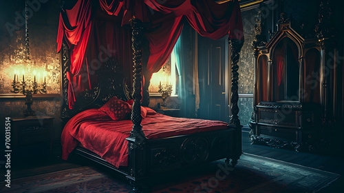 Ornate bed with red canopy and sheets in a cozy, dimly lit room with antique charm