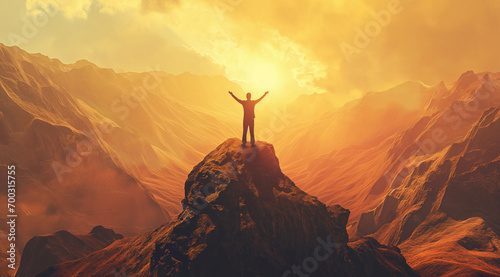 person stands on a mountain peak with arms raised towards the sun, surrounded by vast golden mountains under a bright sky photo