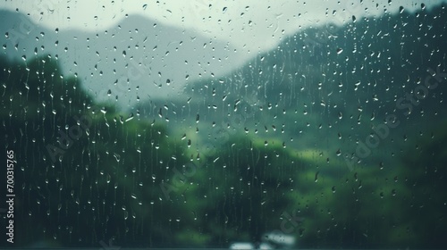  rain drops on a window with a view of a mountain range in the distance and trees in the foreground.