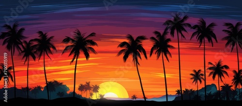 Sunset silhouette of palm trees.