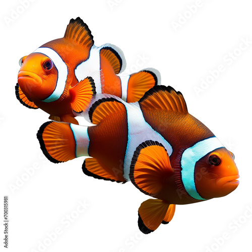 Two clown fish swimming together isolated on a white background