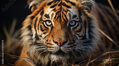  a close up of a tiger's face with grass in the foreground and grass in the foreground.