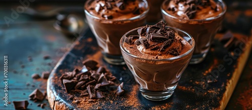 Vegan chocolate mousse with chocolate decorations, served in portion glasses and low in calories. photo