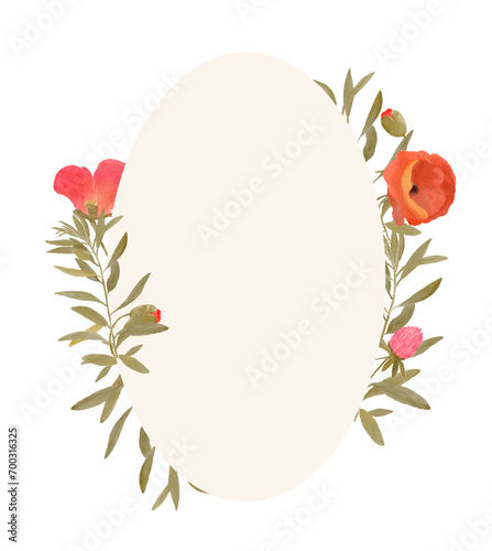 Watercolor of flower wreaths with neutral flowers and leaves. Frame oval flowers
 (ID: 700316325)