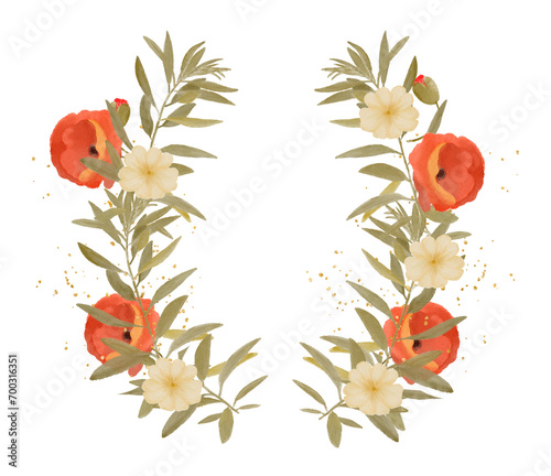 Watercolor of flower wreaths with neutral flowers and leaves (ID: 700316351)