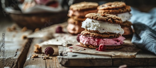 Rustic image of Ice Cream sandwiches on wooden table.