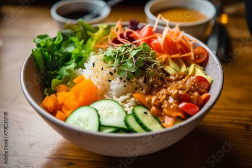 A healthy bowl of fresh salad topped with a variety of vegetables and accompanied by rice. Generative AI