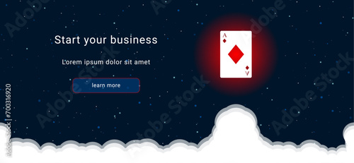 Business startup concept Landing page screen. The ace of diamond card on the right is highlighted in bright red. Vector illustration on dark blue background with stars and curly clouds from below