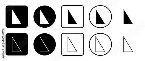 Icon set of right triangle symbol. Filled, outline, black and white icons set, flat style.  Vector illustration on white background