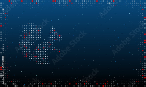 On the left is the squirrel symbol filled with white dots. Pointillism style. Abstract futuristic frame of dots and circles. Some dots is red. Vector illustration on blue background with stars