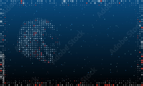On the left is the lion head symbol filled with white dots. Pointillism style. Abstract futuristic frame of dots and circles. Some dots is red. Vector illustration on blue background with stars